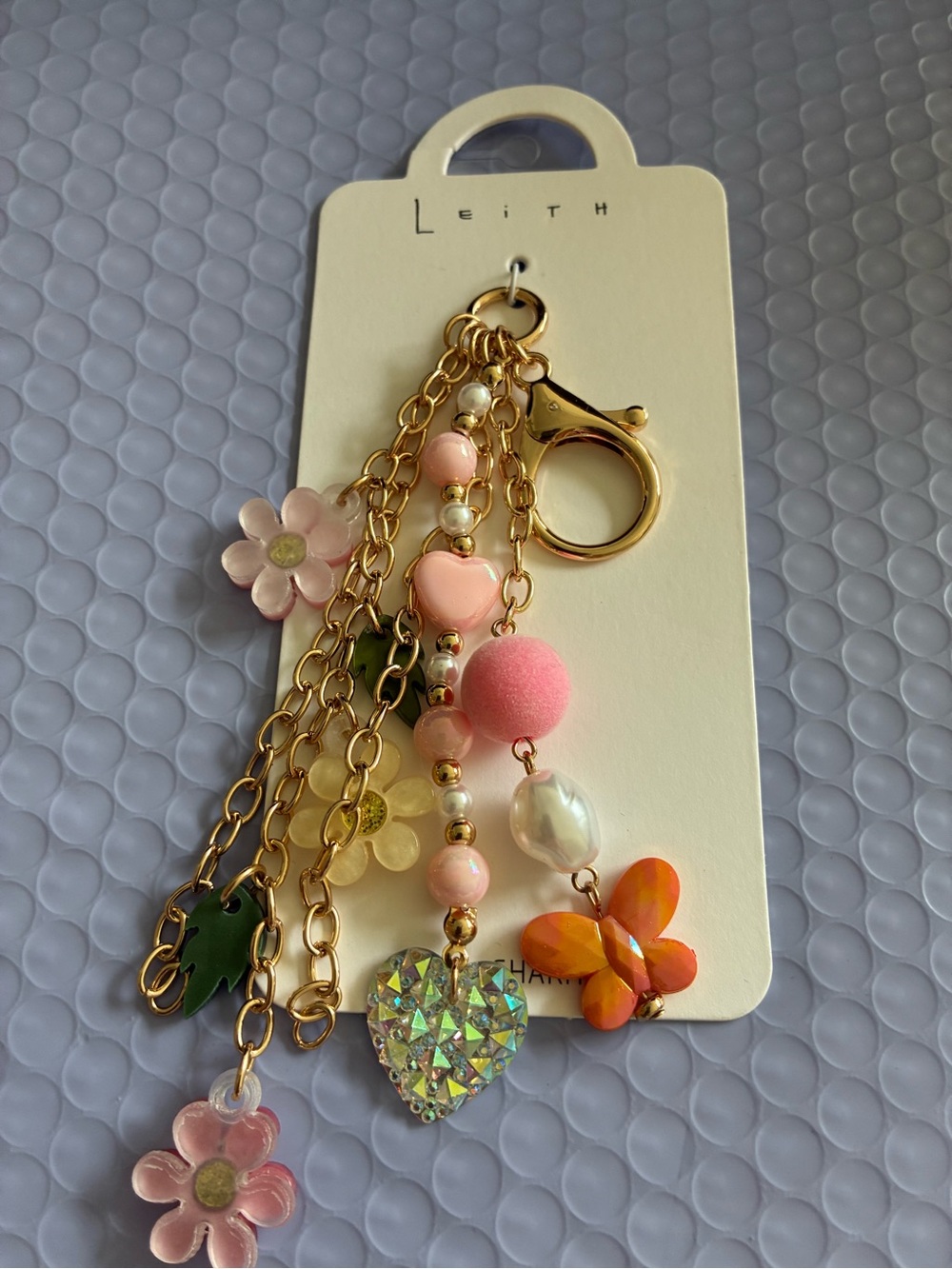 Leith Gold-Tone Pink decorative bag charm or Floral Charm Keychain